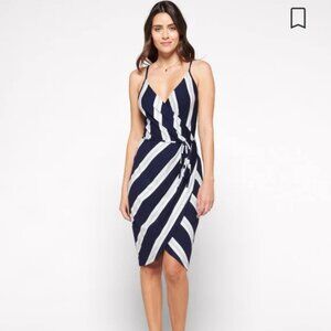 41 Hawthorne navy stripe surplus faux-wrap dress